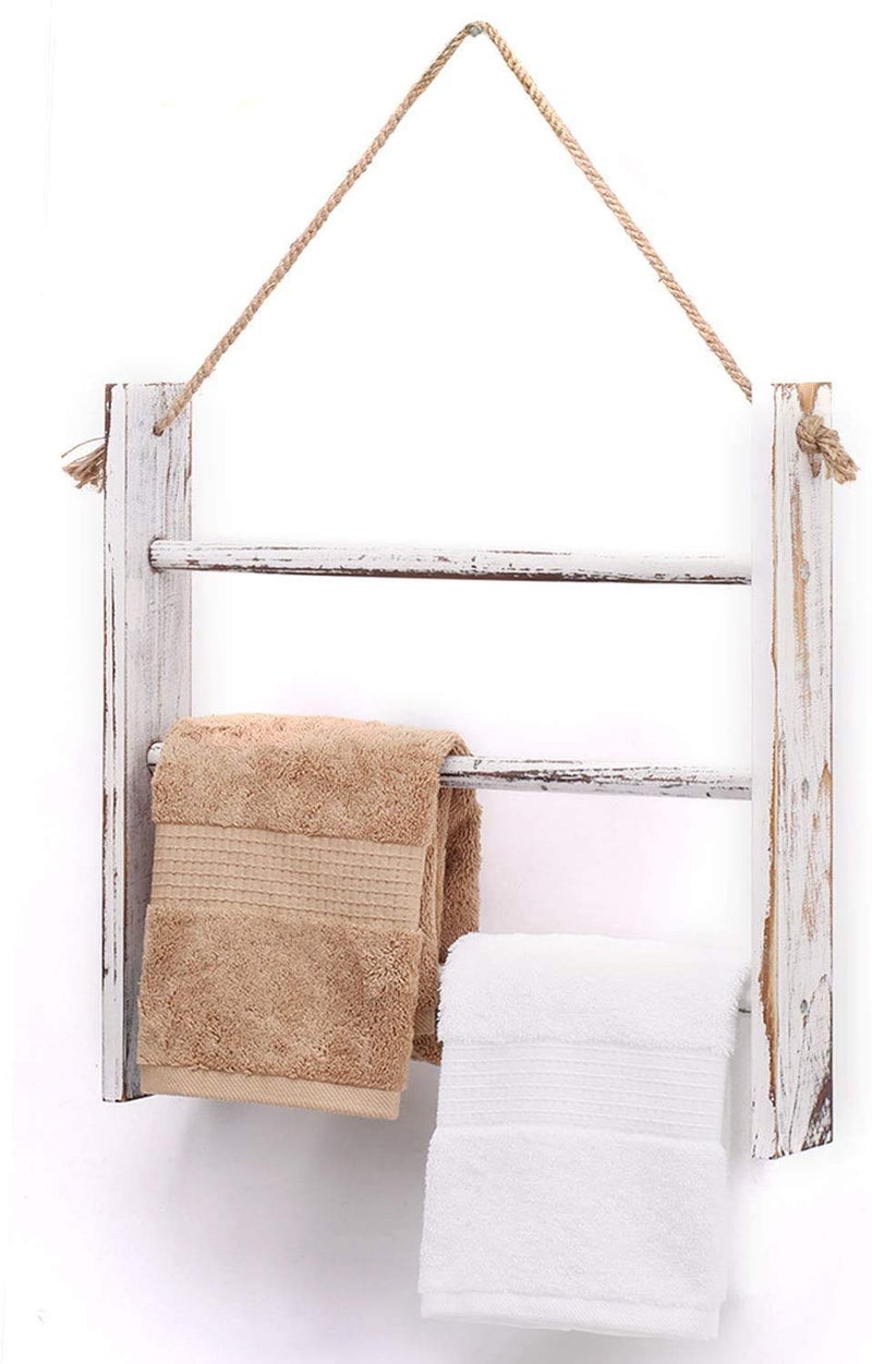 CuffUp Rustic Wood Ladder Hand Towel Rack for Bathroom, Farmhouse Blanket Ladder for Living Room Hanging Decorative Rack for Blankets Whitewashed Towel Rack with Rope (Whitewashed) - Image 5